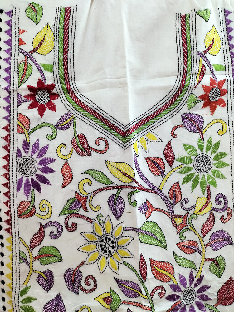 Off White Hand Embroidered Kantha Cotton Unstitched Kurti - Luxurion World