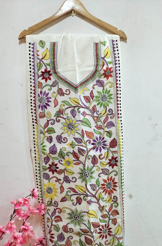Off White Hand Embroidered Kantha Cotton Unstitched Kurti - Luxurion World