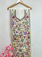 Off White Hand Embroidered Kantha Cotton Unstitched Kurti - Luxurion World