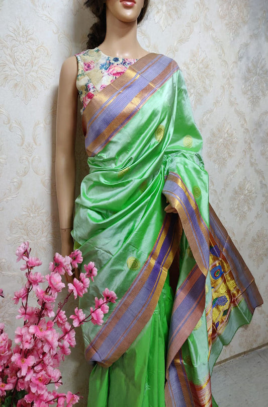 Green Handloom Paithani Pure Silk Saree - Luxurion World