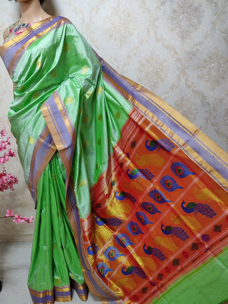 Green Handloom Paithani Pure Silk Saree - Luxurion World