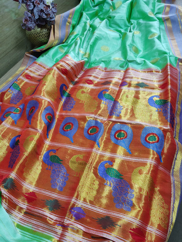 Green Handloom Paithani Pure Silk Saree - Luxurion World