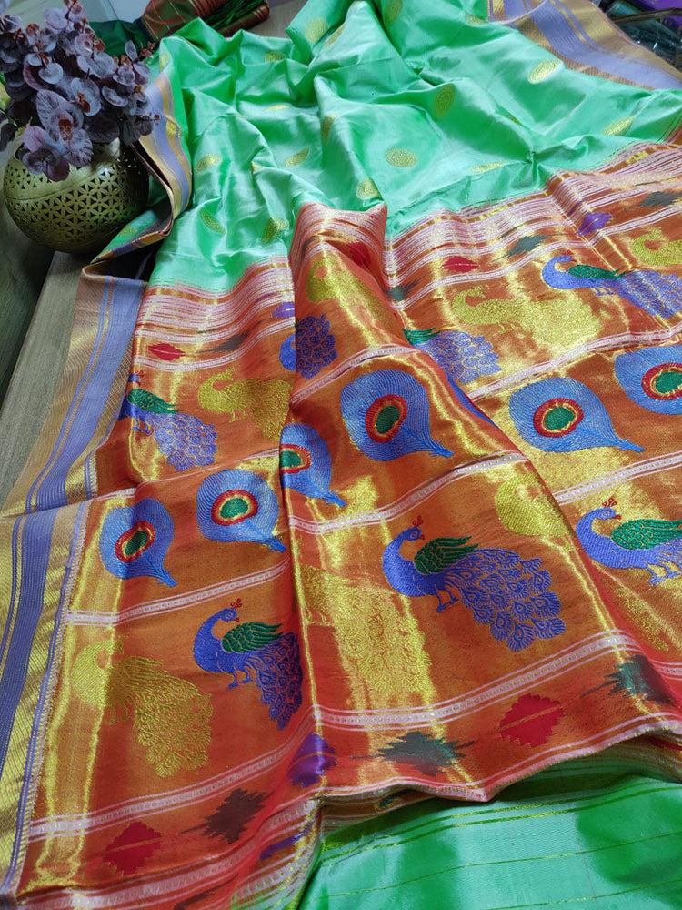Green Handloom Paithani Pure Silk Saree - Luxurion World