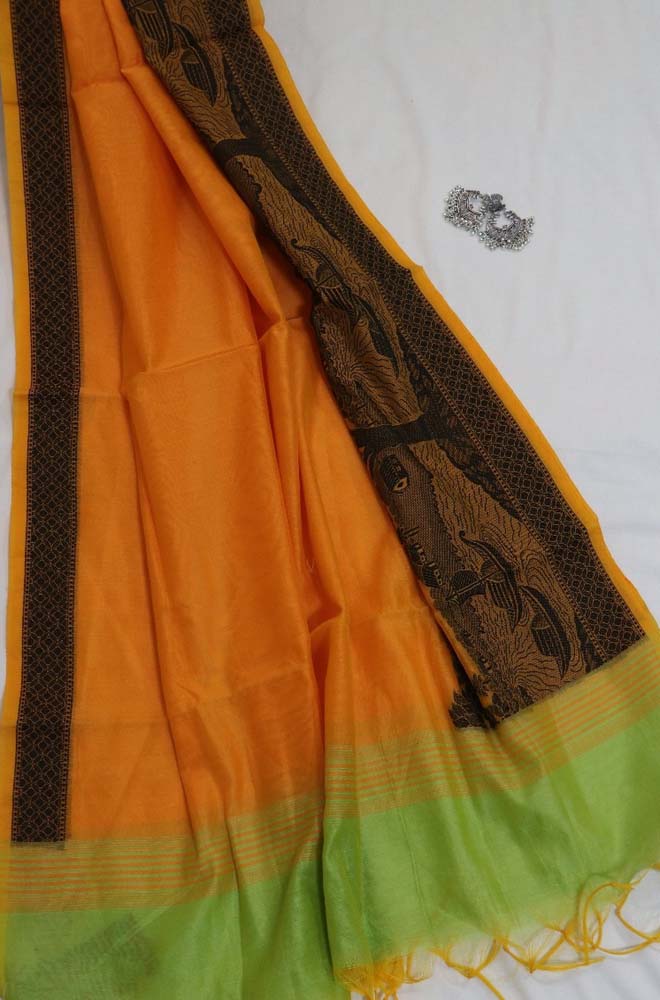 Orange Banarasi Chanderi Silk Ghat Design Dupatta - Luxurion World
