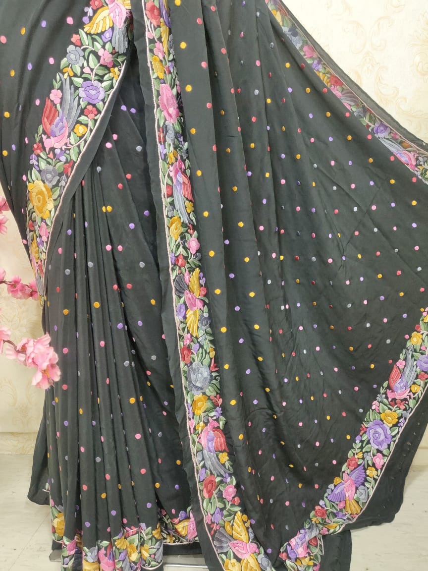 Black Hand Embroidered Parsi Gara Pure Crepe Saree - Luxurion World