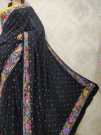Black Hand Embroidered Parsi Gara Pure Crepe Saree - Luxurion World