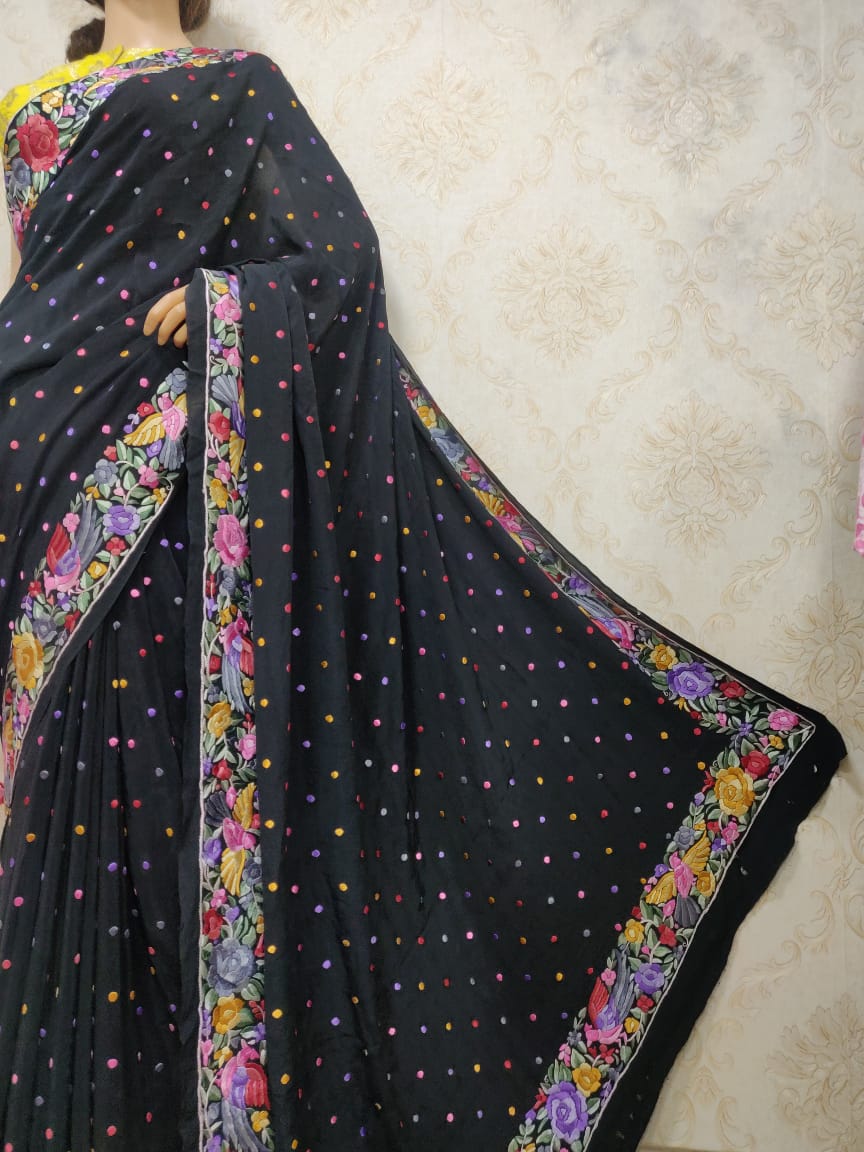Black Hand Embroidered Parsi Gara Pure Crepe Saree - Luxurion World