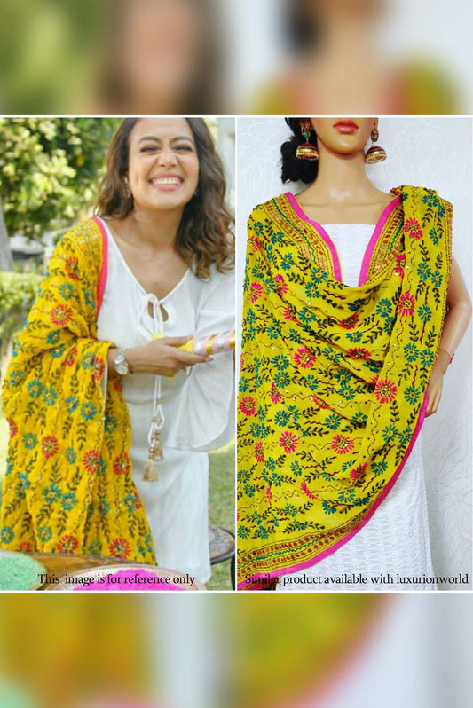 Yellow Hand Embroidered Phulkari Georgette Dupatta - Luxurion World