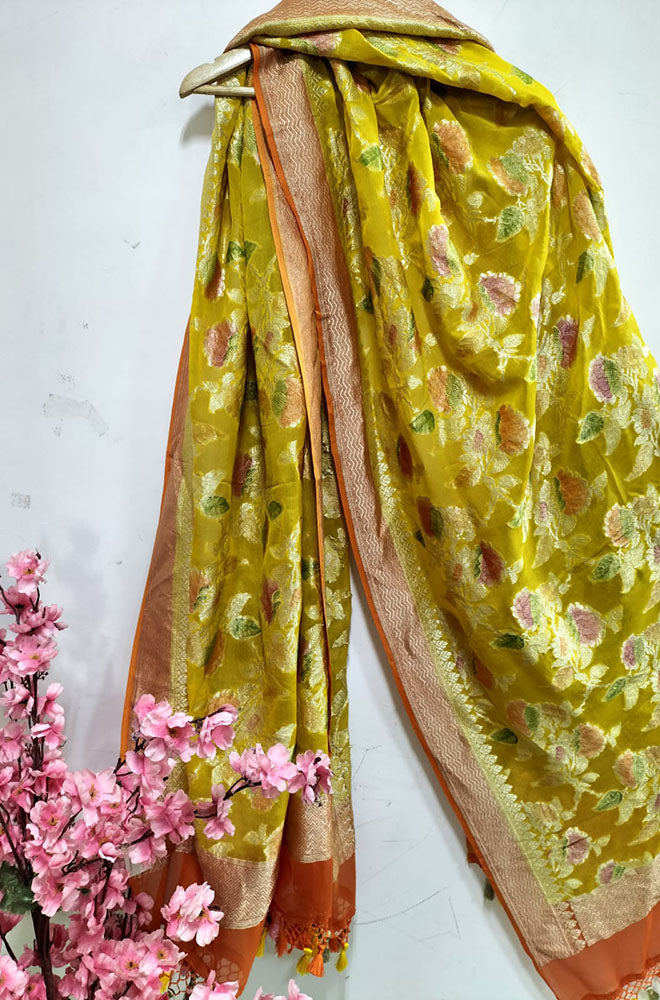 Yellow Handloom Banarasi Pure Georgette Brush Dye Dupatta