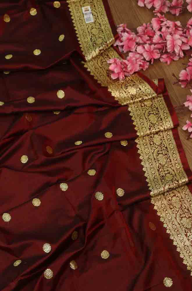 Maroon Handloom Banarasi Pure Katan Silk Dupatta - Luxurion World