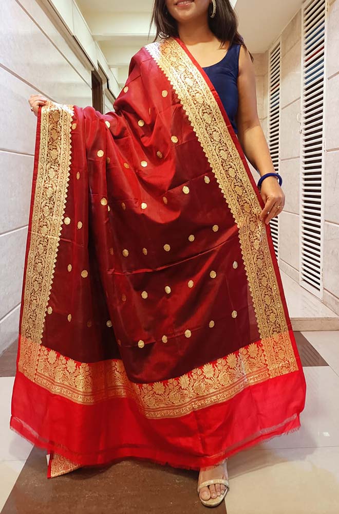 Maroon Handloom Banarasi Pure Katan Silk Dupatta - Luxurion World