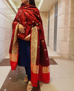Maroon Handloom Banarasi Pure Katan Silk Dupatta - Luxurion World