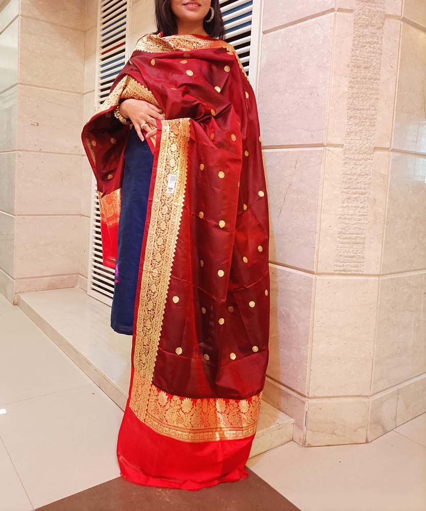 Maroon Handloom Banarasi Pure Katan Silk Dupatta - Luxurion World