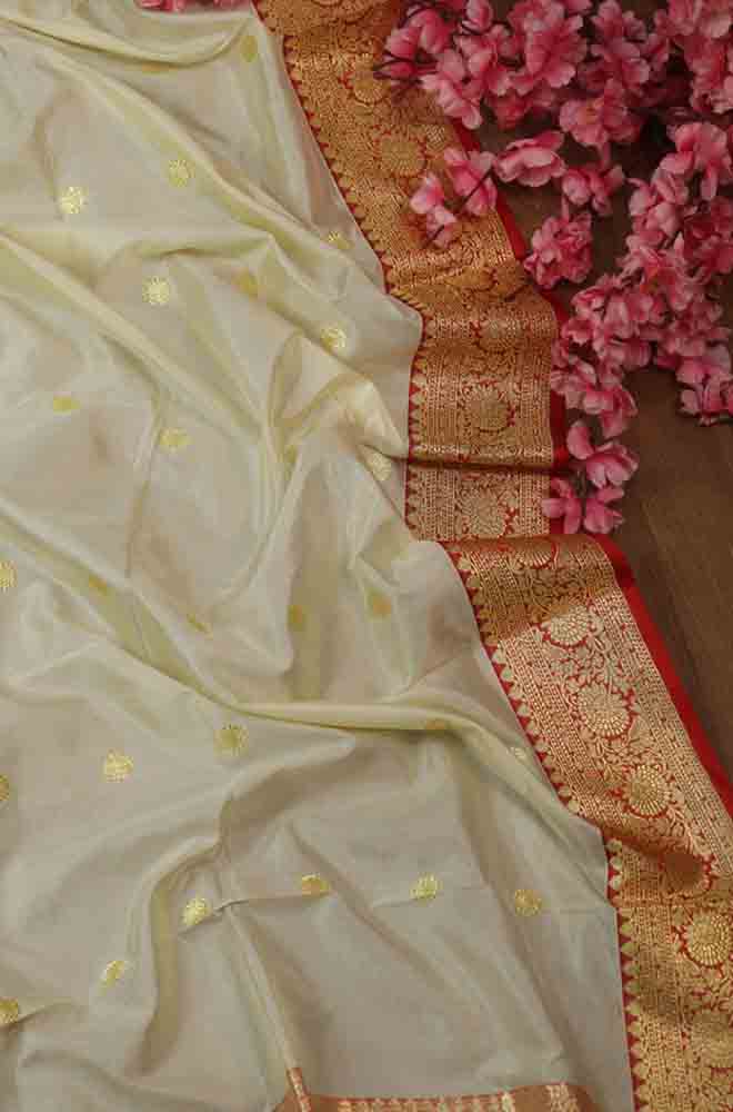 Off White Handloom Banarasi Pure Katan Silk Dupatta - Luxurion World