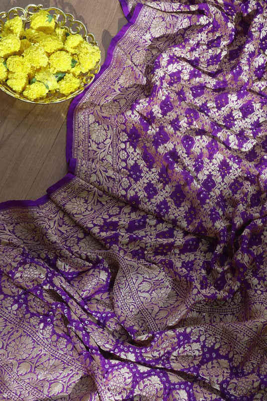 Purple Banarasi Bandhani Pure Georgette Dupatta - Luxurion World