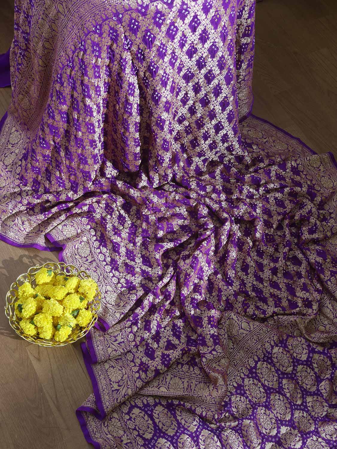 Purple Banarasi Bandhani Pure Georgette Dupatta - Luxurion World