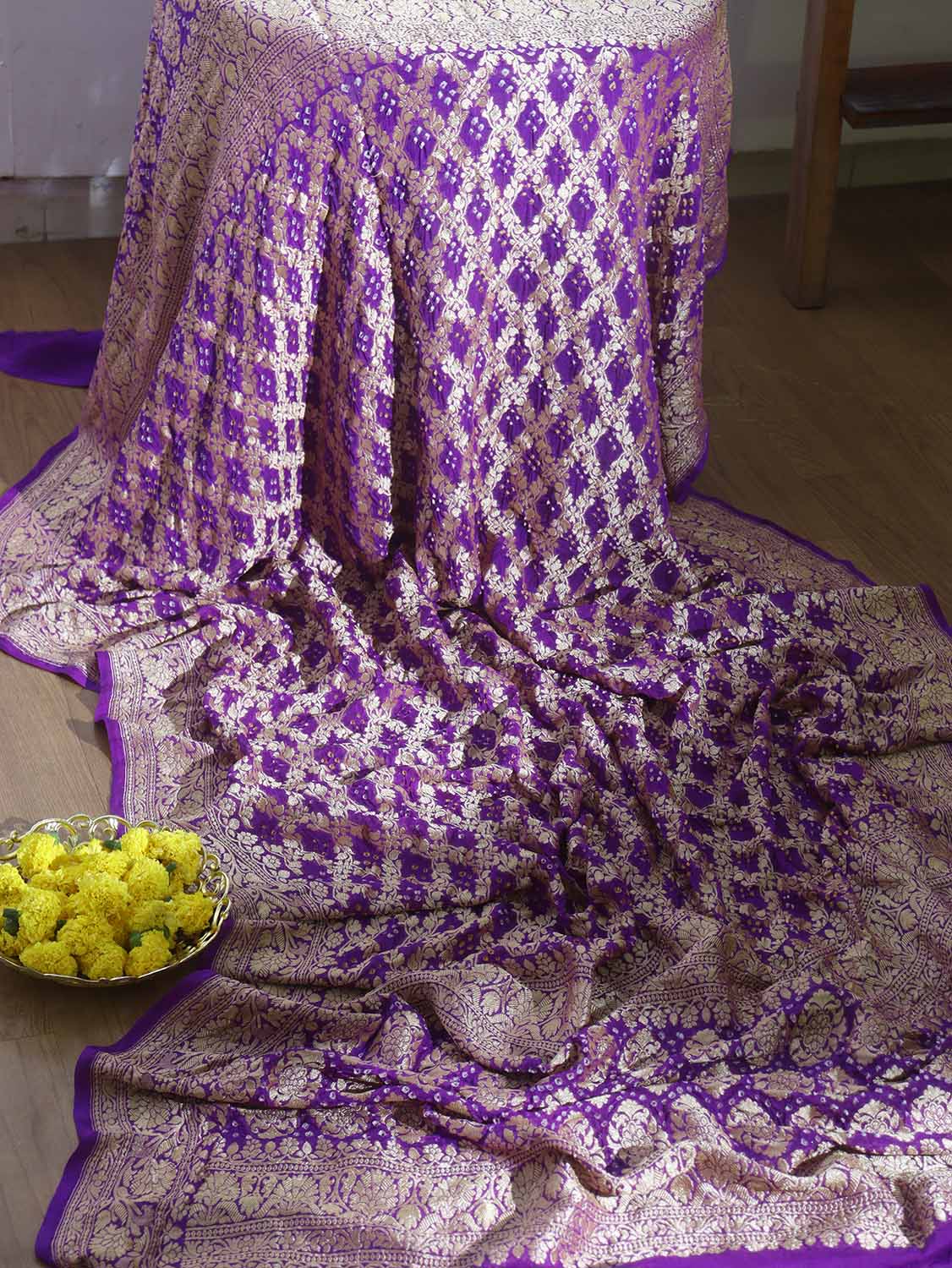 Purple Banarasi Bandhani Pure Georgette Dupatta - Luxurion World