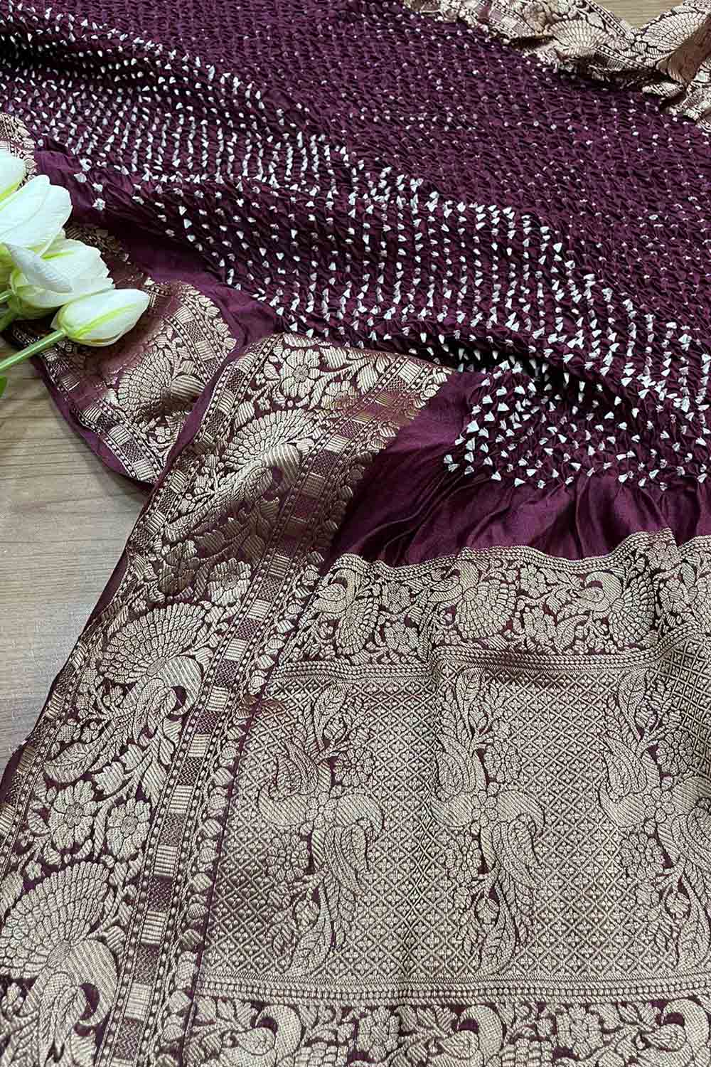Purple Bandhani Kanjeevaram Silk Dupatta with Intricate Border Design - Luxurion World