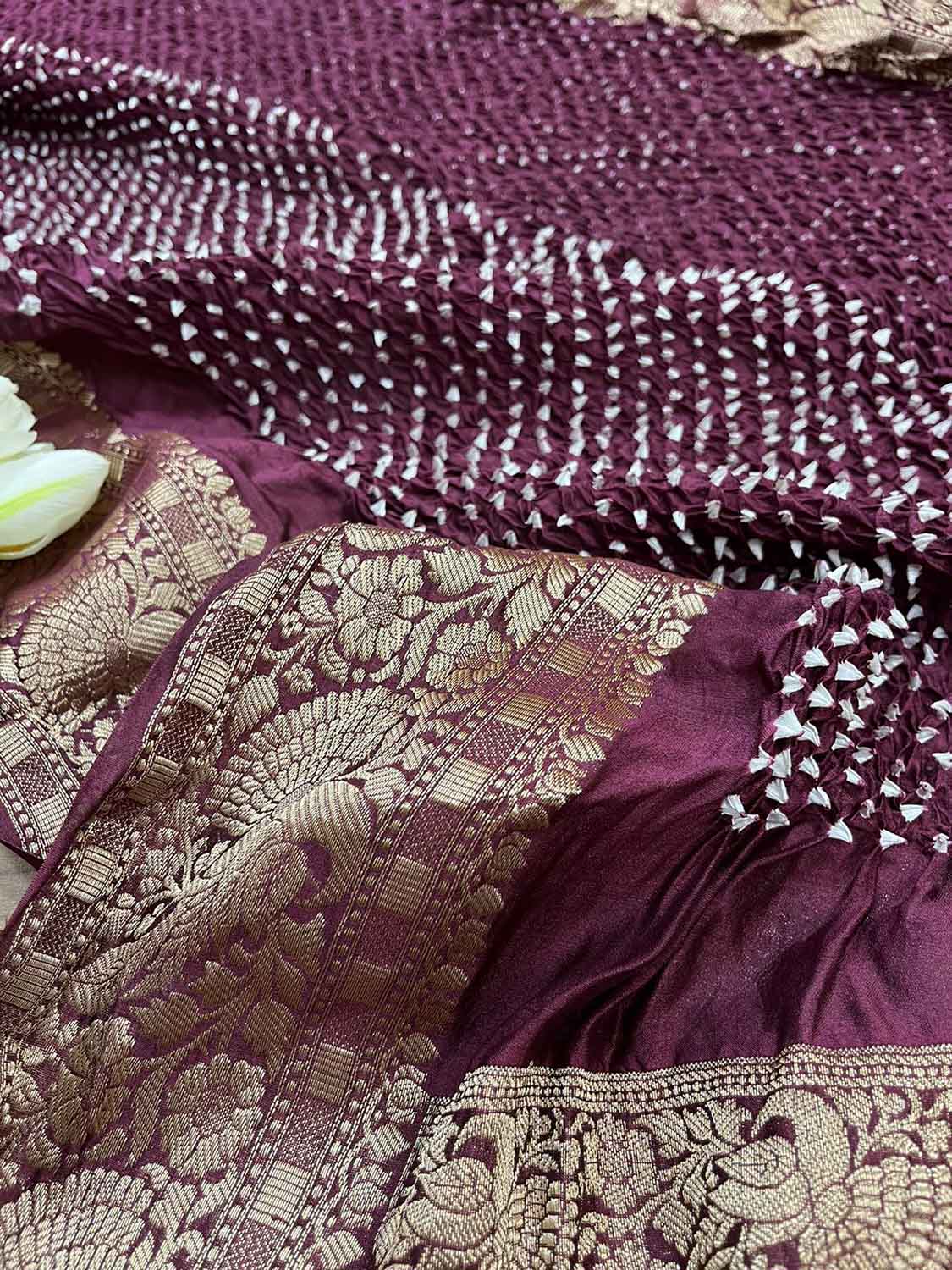 Purple Bandhani Kanjeevaram Silk Dupatta with Intricate Border Design - Luxurion World