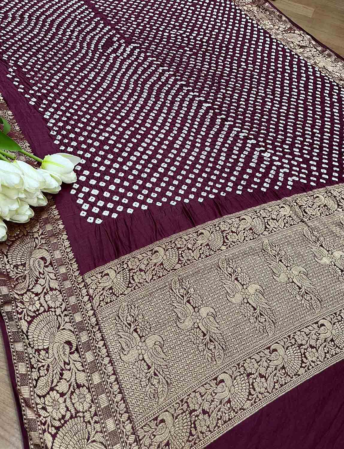 Purple Bandhani Kanjeevaram Silk Dupatta with Intricate Border Design - Luxurion World