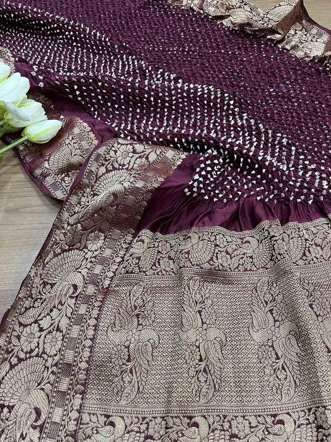 Purple Bandhani Kanjeevaram Silk Dupatta with Intricate Border Design - Luxurion World