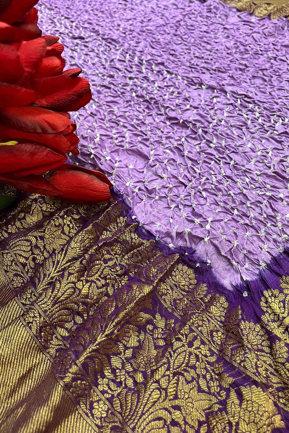 Stunning Purple Bandhani Kanjeevaram Silk Dupatta with Intricate Border - Luxurion World