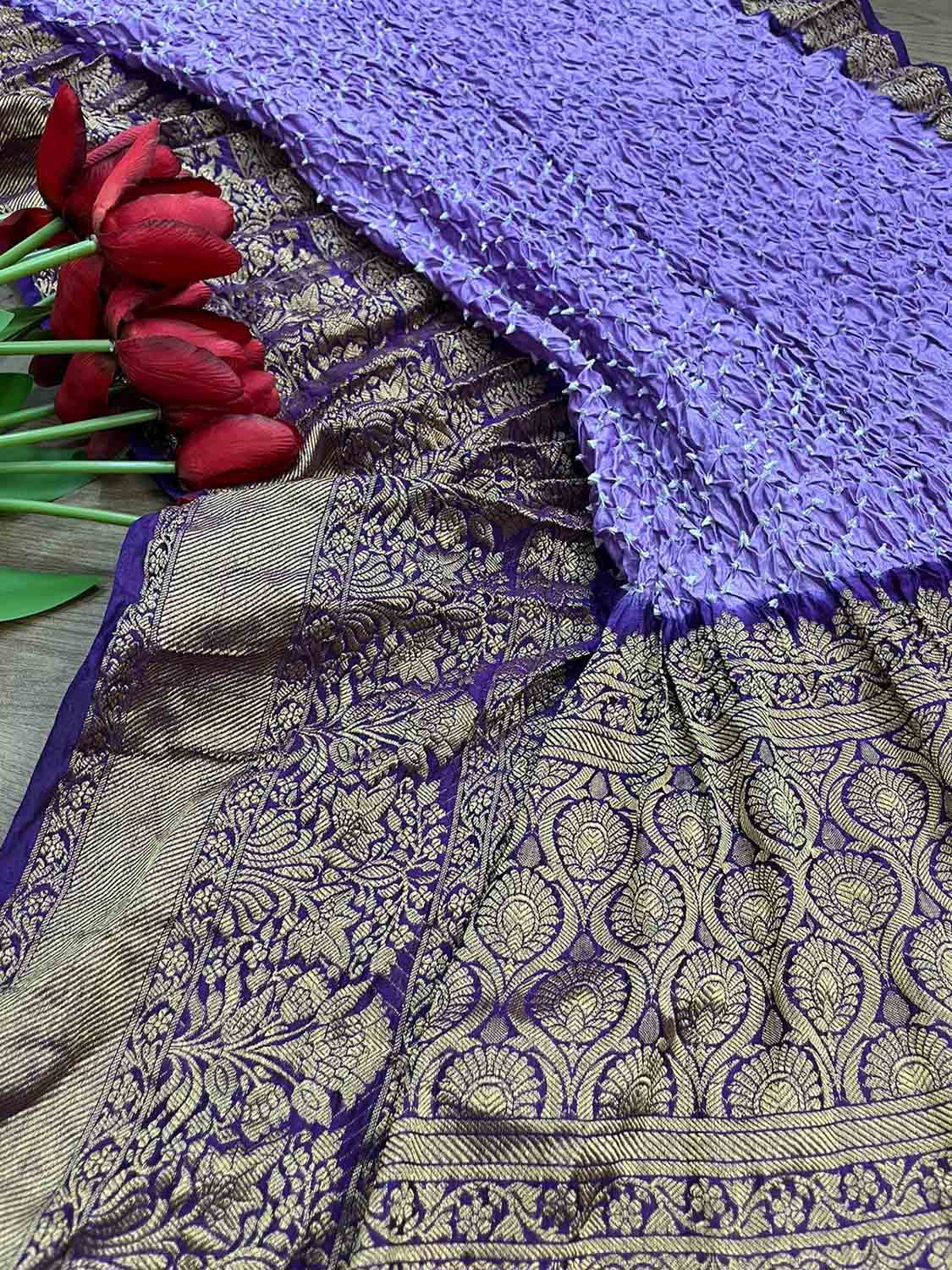 Stunning Purple Bandhani Kanjeevaram Silk Dupatta with Intricate Border - Luxurion World