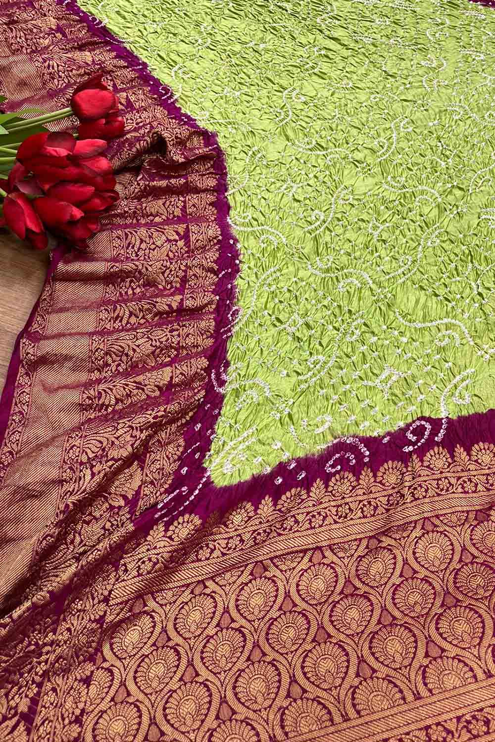 Green Bandhani Kanjeevaram Border Silk Dupatta - Pure Elegance - Luxurion World