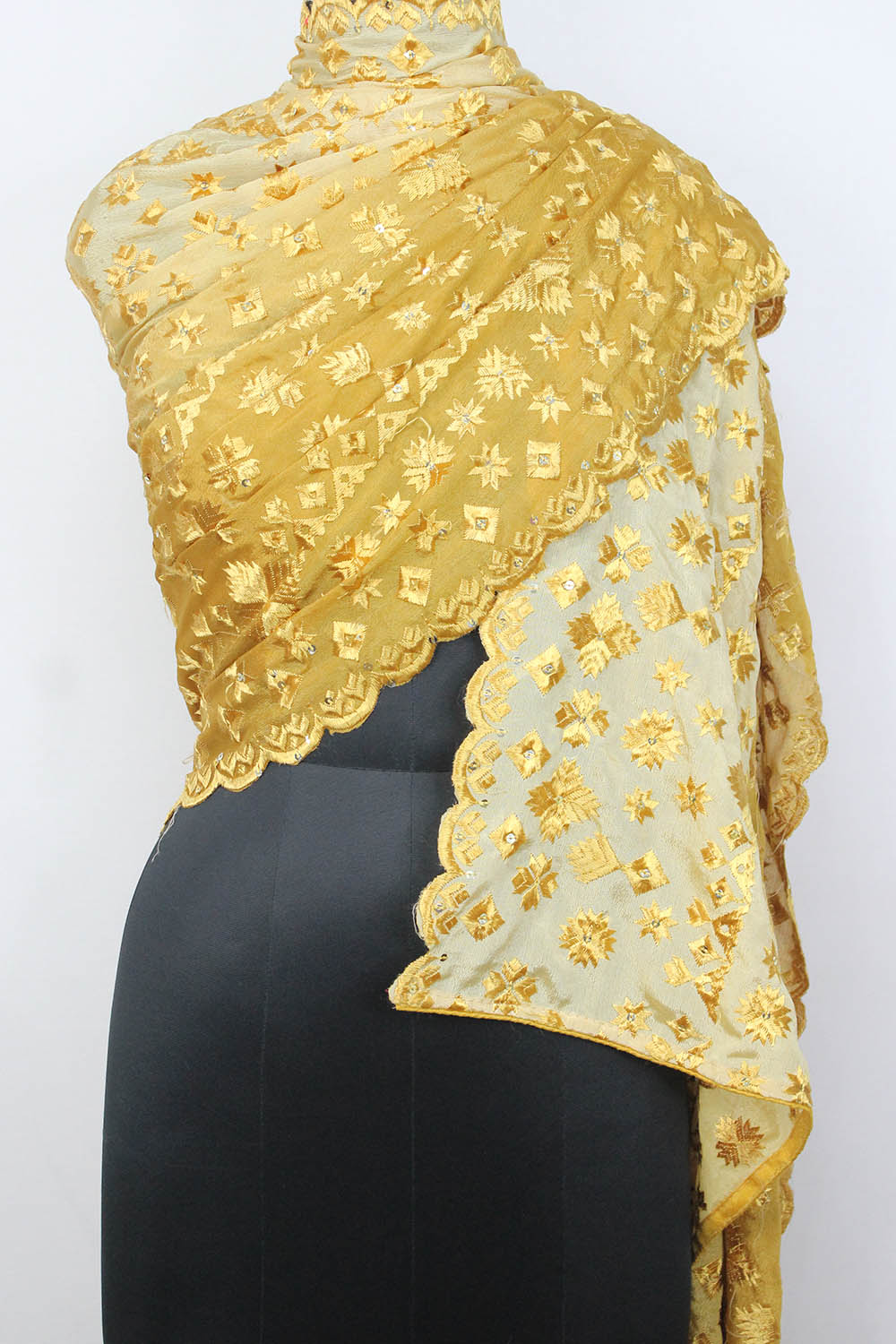 Yellow Embroidered Phulkari Chinon Dupatta - Luxurion World