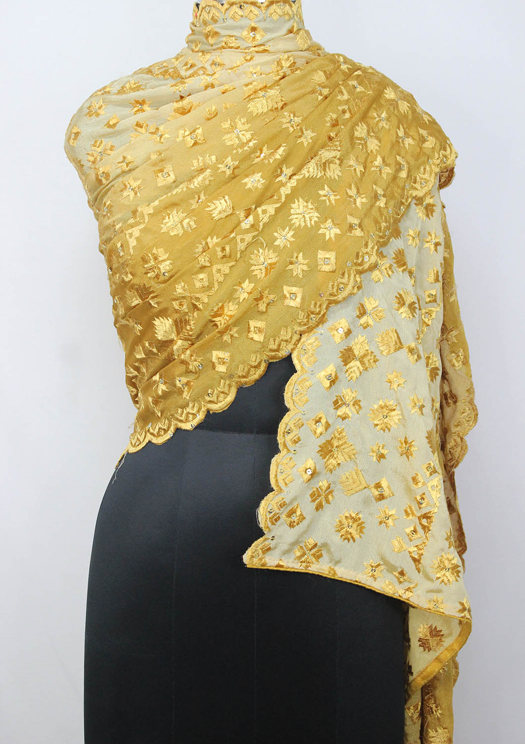 Yellow Embroidered Phulkari Chinon Dupatta - Luxurion World