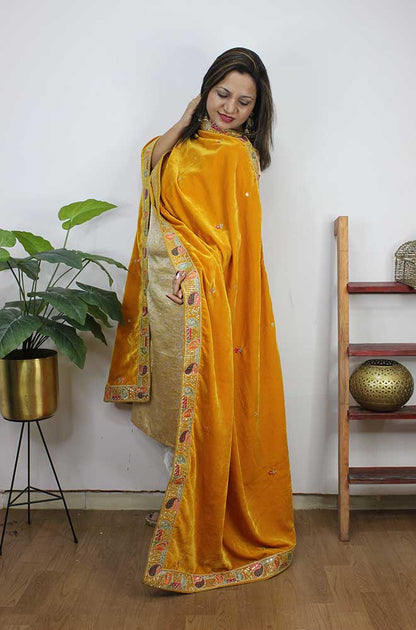 Yellow Embroidered Trendy Velvet Dupatta - Luxurion World