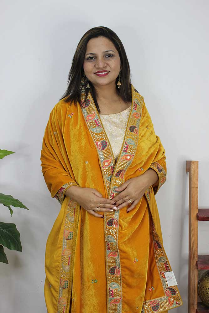 Yellow Embroidered Trendy Velvet Dupatta - Luxurion World