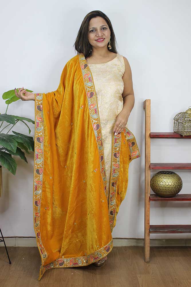 Yellow Embroidered Trendy Velvet Dupatta - Luxurion World