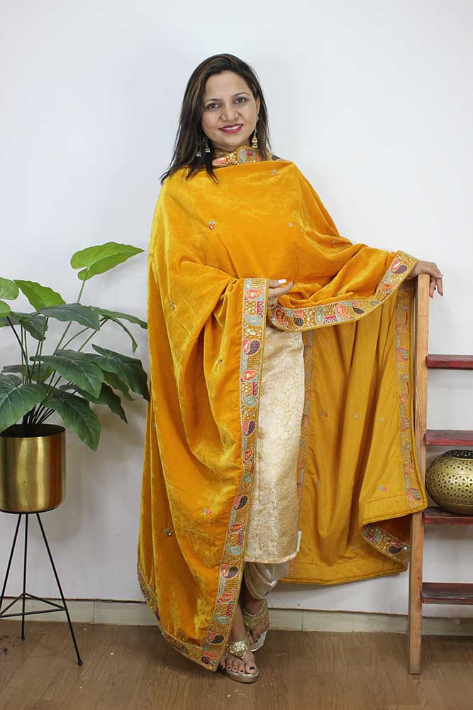 Yellow Embroidered Trendy Velvet Dupatta - Luxurion World