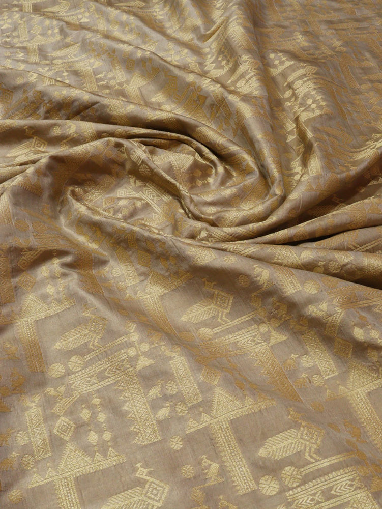Grey Handloom Banarasi Pure Katan Silk Fabric (1 Mtr) - Luxurion World