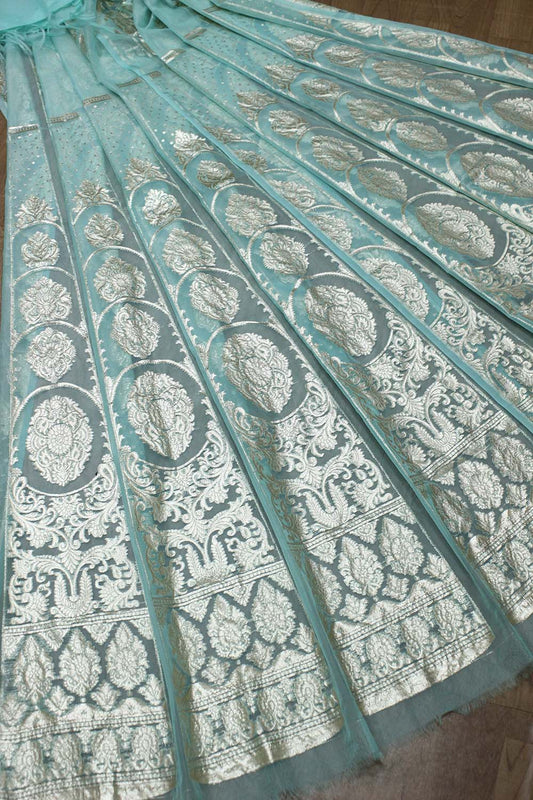 Blue Handloom Banarasi Organza Silk Unstitched Lehenga Set - Luxurion World