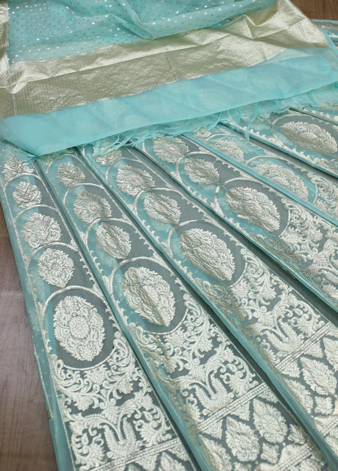 Blue Handloom Banarasi Organza Silk Unstitched Lehenga Set - Luxurion World