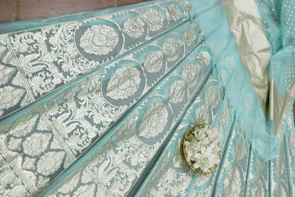 Blue Handloom Banarasi Organza Silk Unstitched Lehenga Set - Luxurion World