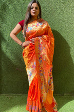 Orange Shot Handloom Banarasi Pure Katan Silk Paithani Border Design Saree - Luxurion World