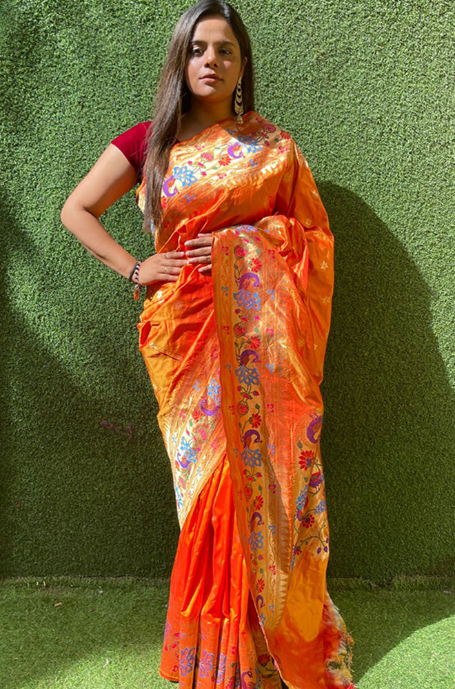 Orange Shot Handloom Banarasi Pure Katan Silk Paithani Border Design Saree - Luxurion World