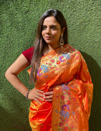 Orange Shot Handloom Banarasi Pure Katan Silk Paithani Border Design Saree - Luxurion World