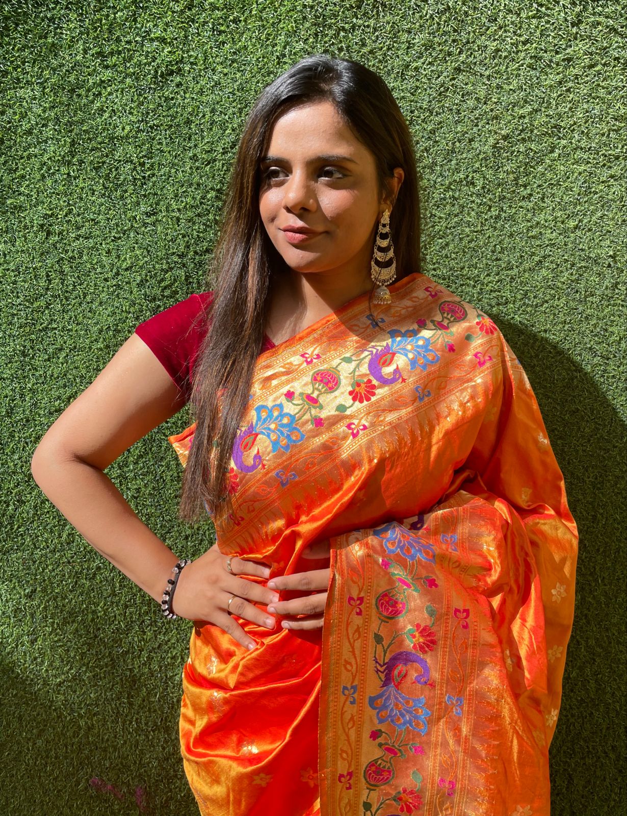Orange Shot Handloom Banarasi Pure Katan Silk Paithani Border Design Saree - Luxurion World
