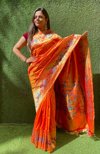 Orange Shot Handloom Banarasi Pure Katan Silk Paithani Border Design Saree