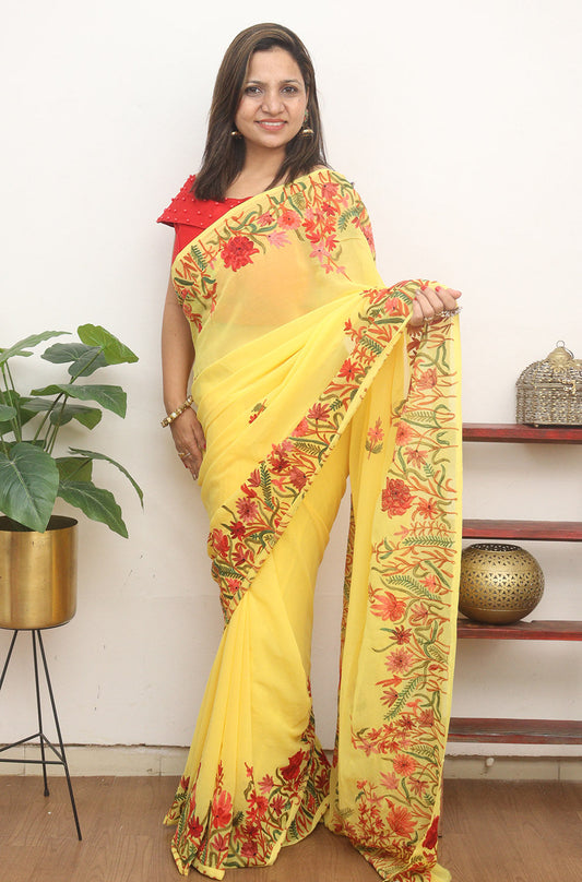 Yellow Embroidered Kashmiri Aari Work Georgette Saree - Luxurion World