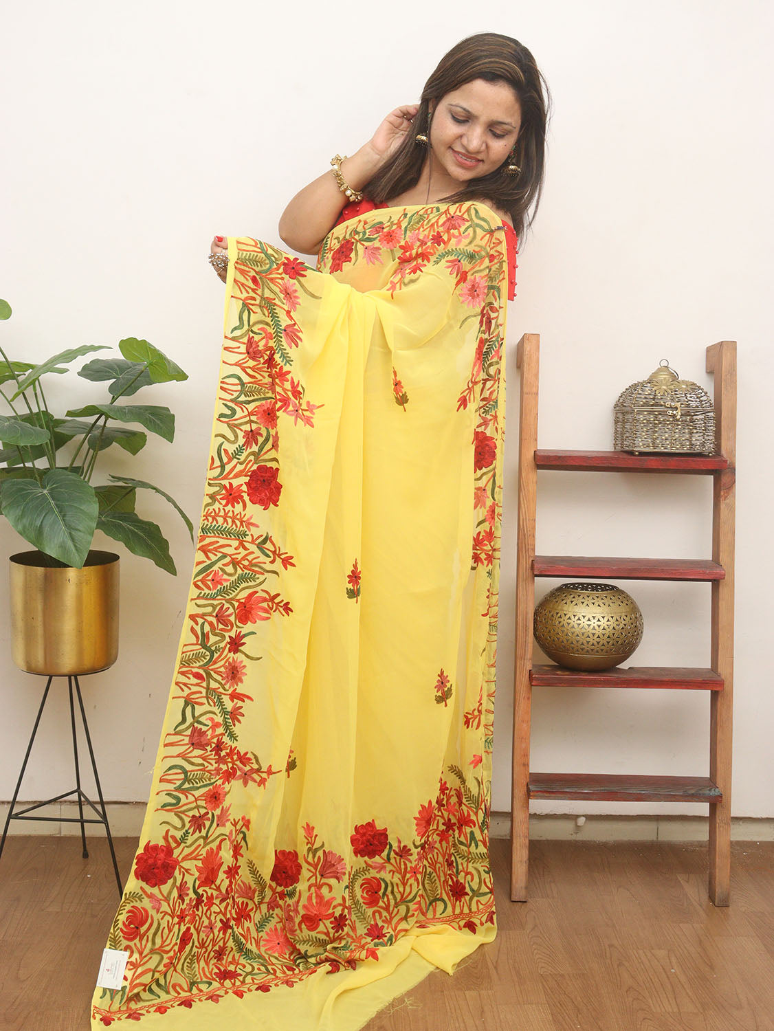 Yellow Embroidered Kashmiri Aari Work Georgette Saree - Luxurion World