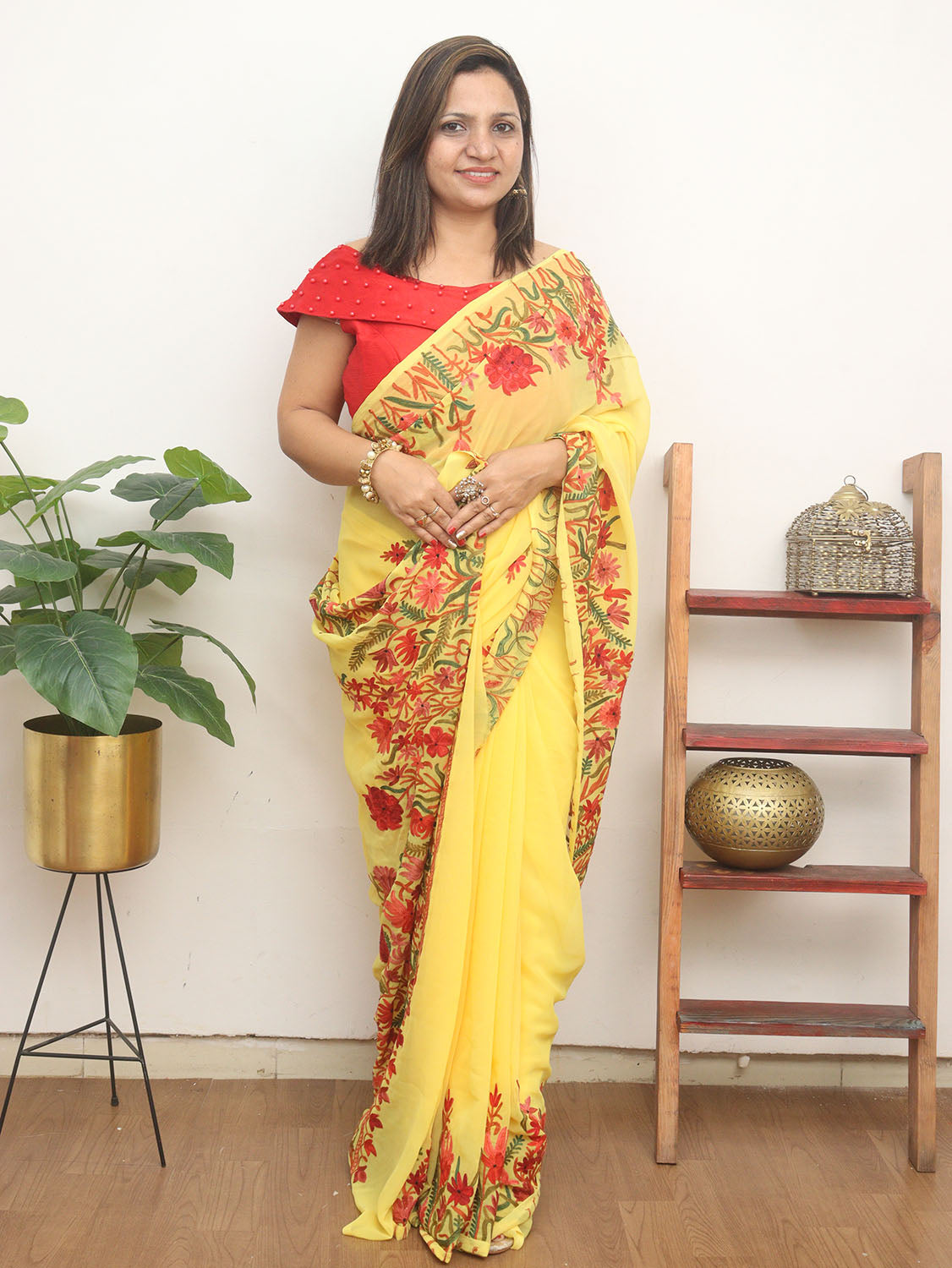 Yellow Embroidered Kashmiri Aari Work Georgette Saree - Luxurion World