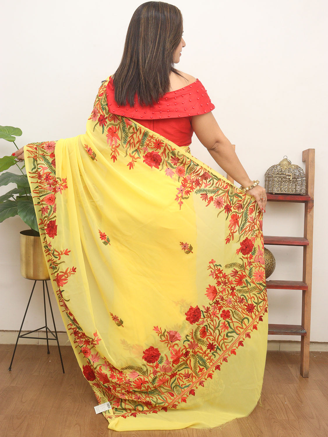 Yellow Embroidered Kashmiri Aari Work Georgette Saree - Luxurion World