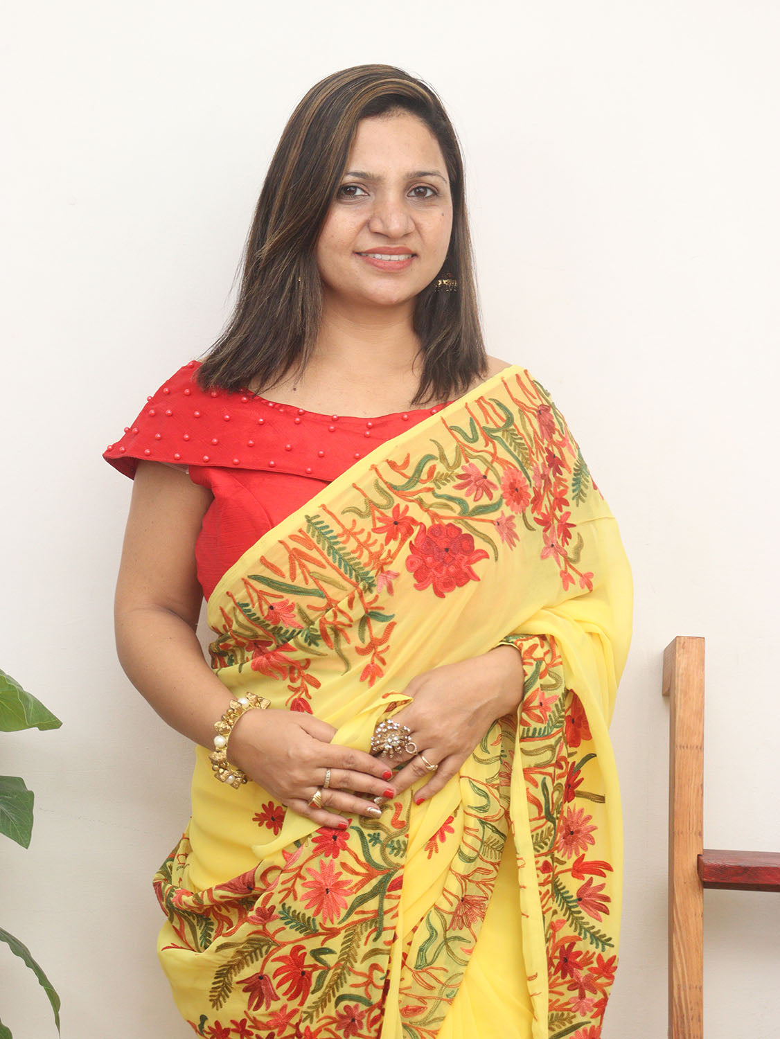 Yellow Embroidered Kashmiri Aari Work Georgette Saree - Luxurion World