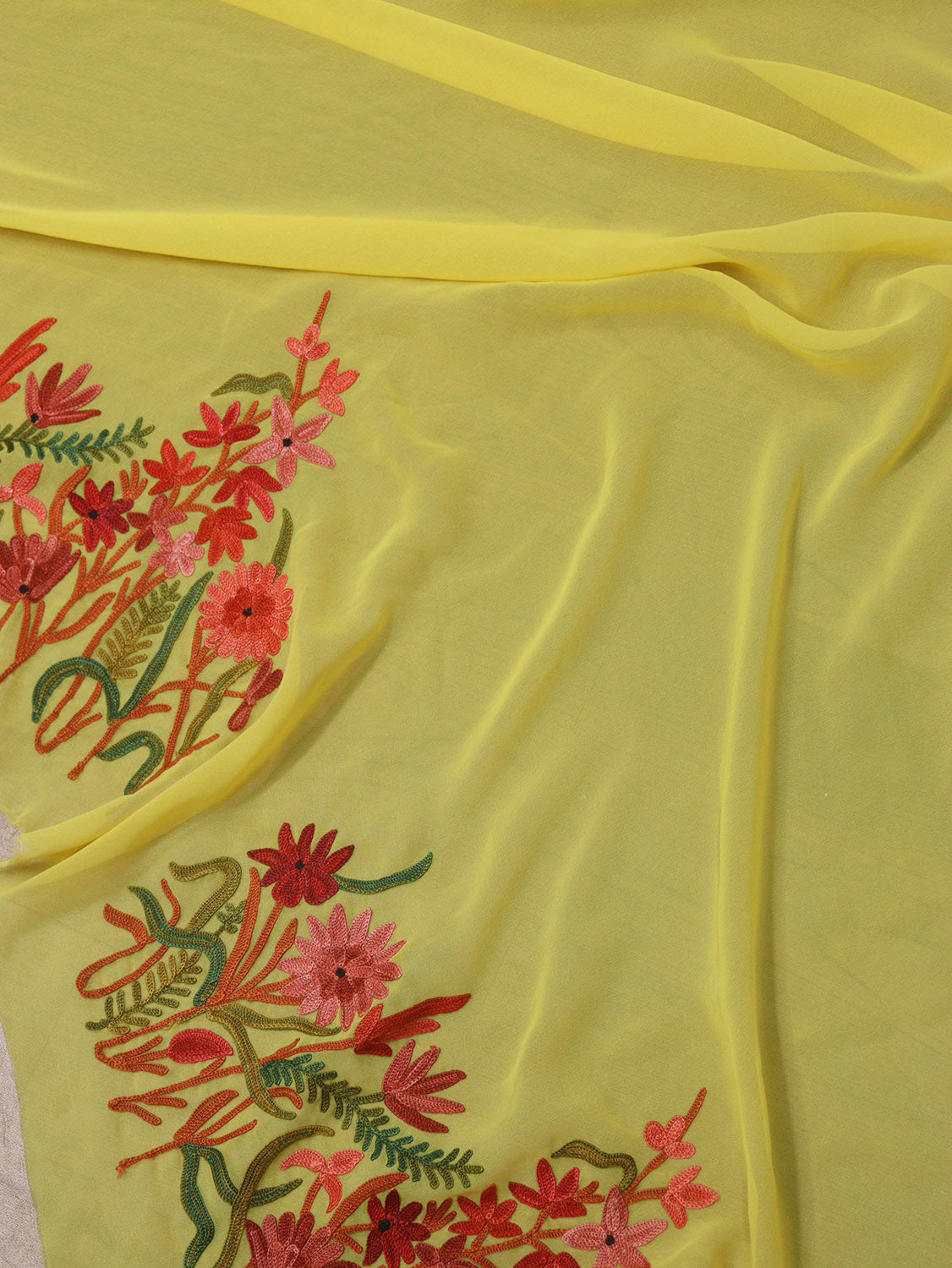 Yellow Embroidered Kashmiri Aari Work Georgette Saree - Luxurion World