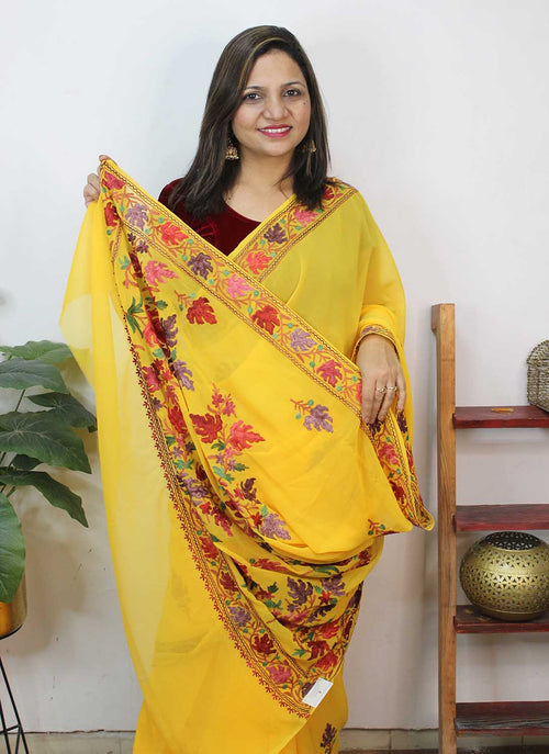 Yellow Embroidered Kashmiri Aari Work Georgette Saree - Luxurion World